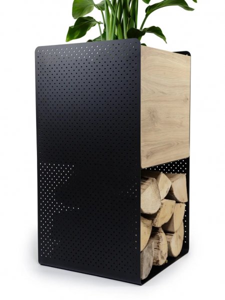 Perforovaný designový květináč - kov a dřevo